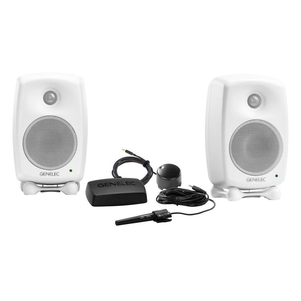 Genelec 8330AWM-PACK white stereo monitoring package with two monitors and GLM - front view