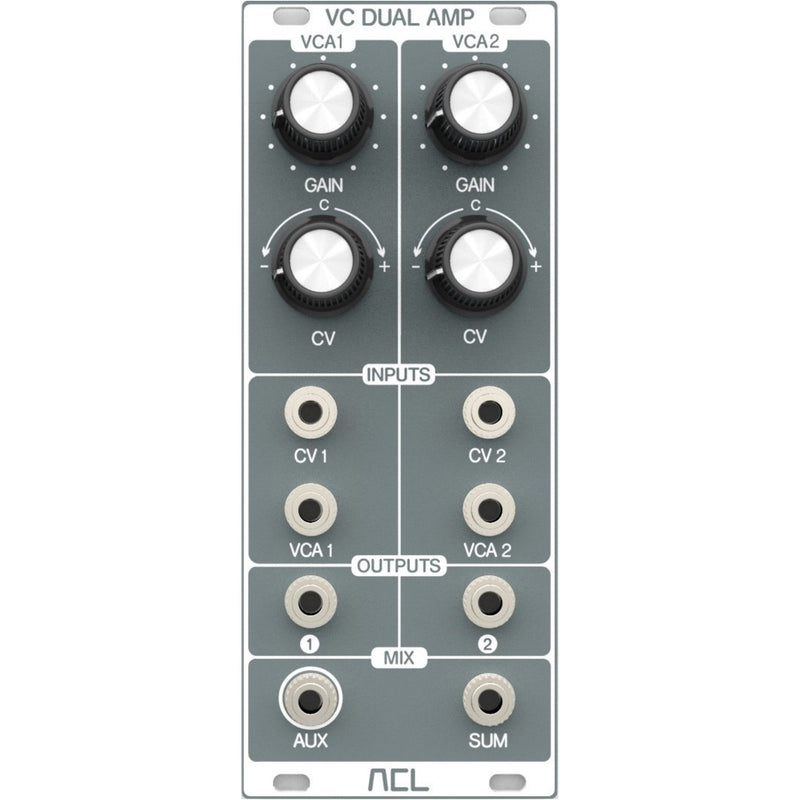 ACL - VC Dual Amp module comprises 2 identical fully discrete linear VCA-Bulding blocks (So it´s kind of a „discrete core“ module).