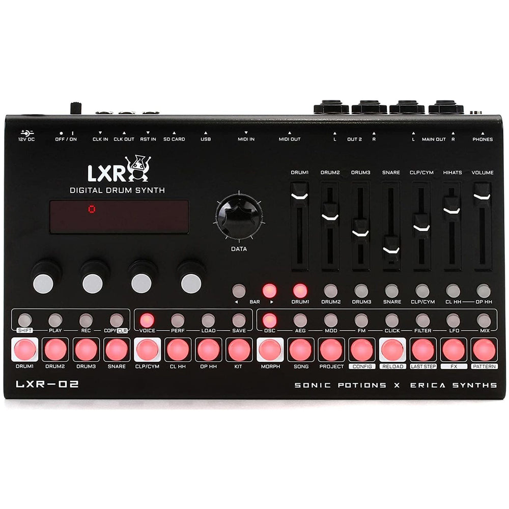 Digital Drum Machine with 6 Drum Voices, 64-step Sequencer, Pattern Chaining, FX Section, 4 Mono Outputs, and USB/MIDI Connectivity