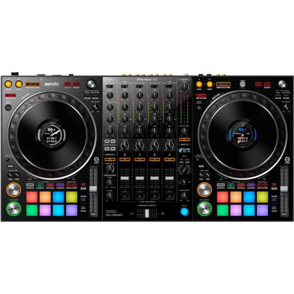 The Pioneer DDJ-1000SRT Serato DJ Controller provides 4 channels of DJ performance control and deep integration with SeratoDJ in a familiar format borrowed from the Pioneer's flagship DJM-900NX2 and CDJ-2000NX2 equipment. Full-sized jog wheels feature customizable color LCD displays located in the center.